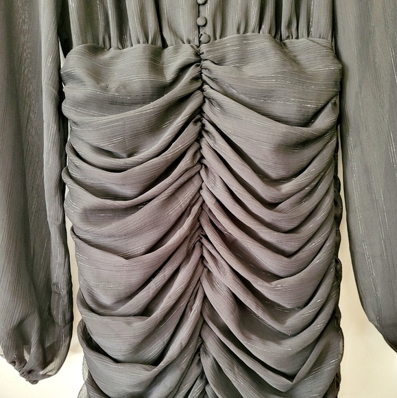 House of Harlow Ruched Mini Dress Lurex Sheer Bishop Sleeve Black Sz 2 - Picture 9 of 15